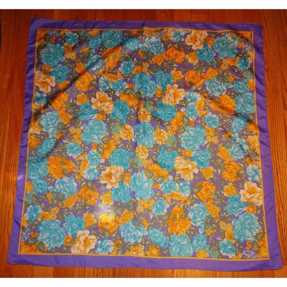 Vintage Blue & Purple Extra Large Floral Scarf square shaped flowers leaves 70s - Picture 10 of 16
